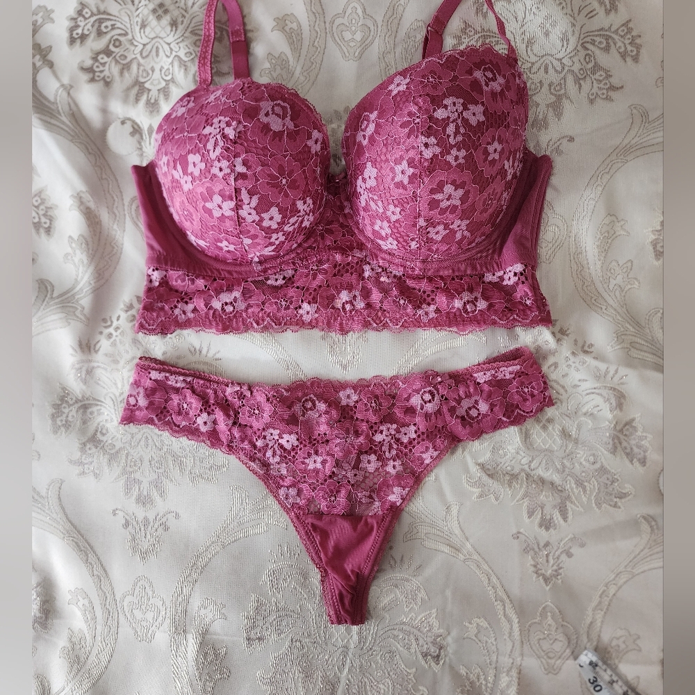 Lace Longline Bra & Thong Set - Raspberry Pink